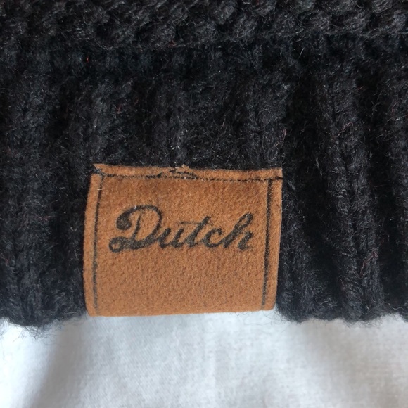 Dutch Bros black crocheted beanie with brown leather logo tag on front - Picture 2 of 3